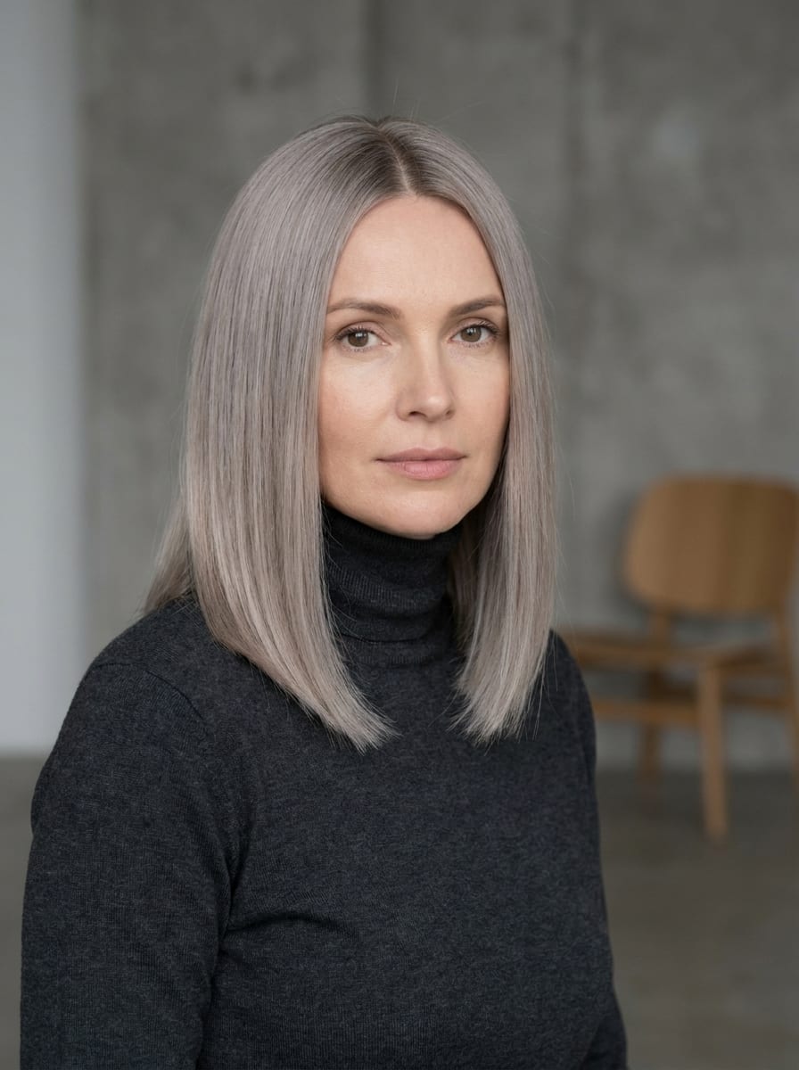 Glatter Long Bob in Aschblond - Mittellanger blonder Bob